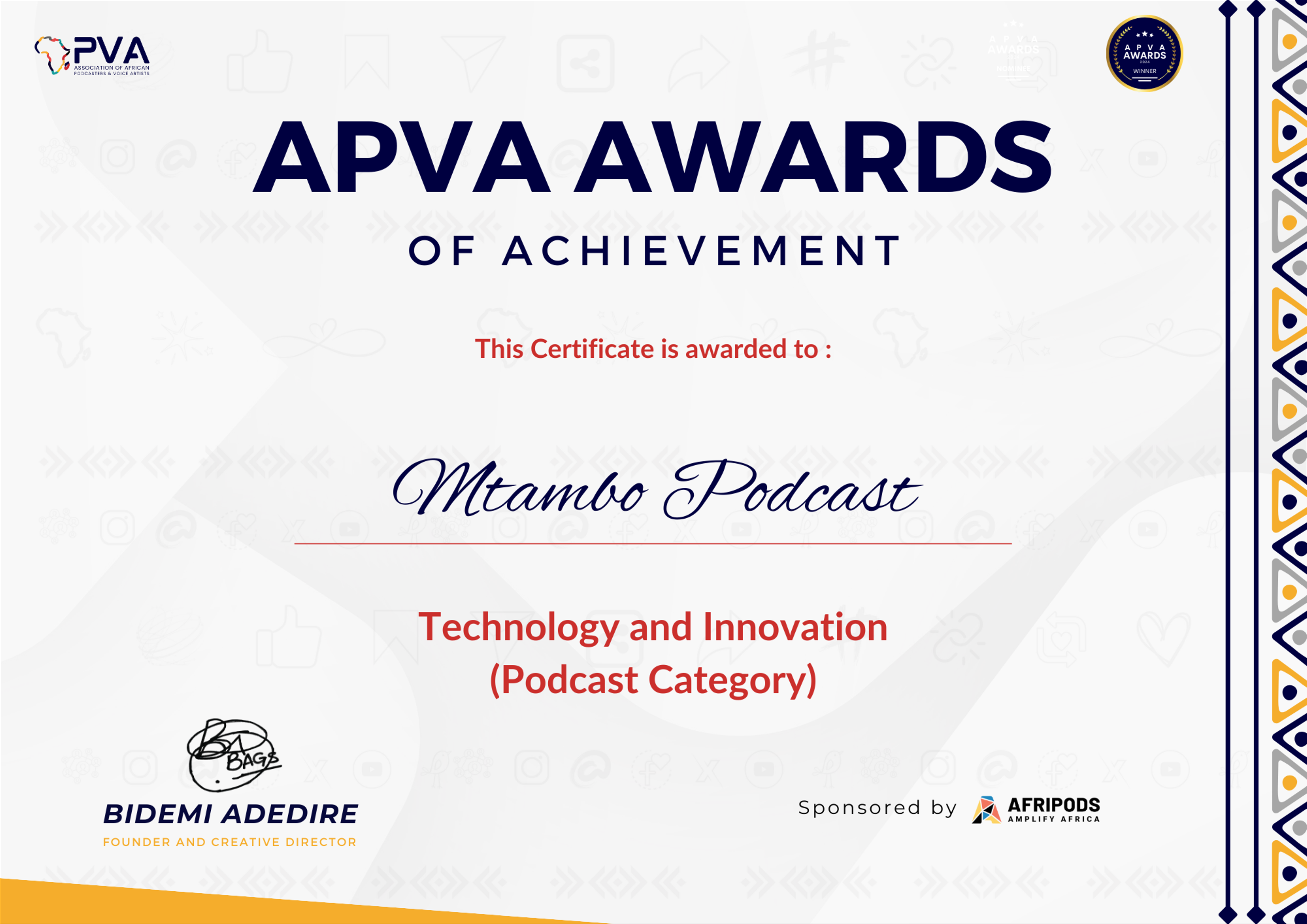 Mtambo Podcast APVA Award Certificate